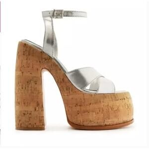 Schutz Pattie Platform Sandal Heels 9.5 Silver Metallic Leather Chunky NWOT Cork